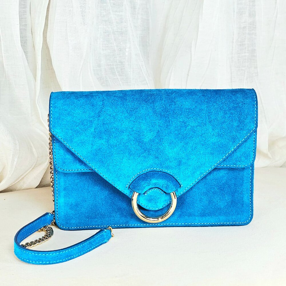 Banana Republic Blue Suede Crossbody Clutch – Gold Ring Closure – NWT - Picture 2 of 16